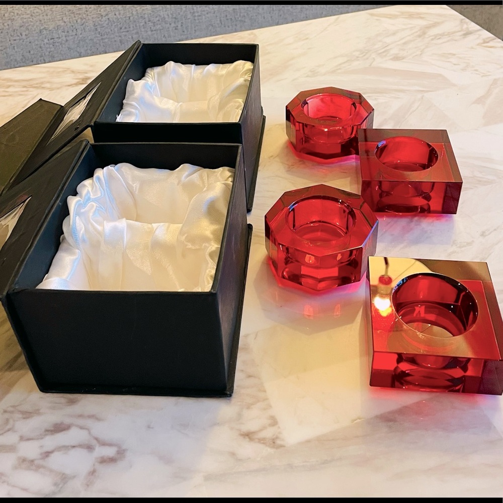 Orrefors Crystal Votive/ Candle  Holders Red By Karim Rashid 2 Set Of Two Sweden